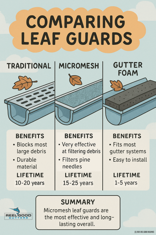 Gutter guard comparison — traditional, micromesh, and foam insert options